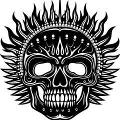 Obraz premium Tribal skull with flames and spikes in black vector art 