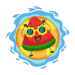 watermelon slice mascot character floating in the ocean illustration