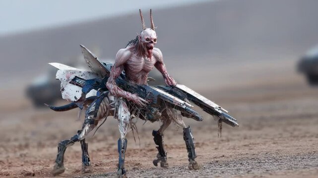 Mutant Cyborg Monster Marching Across Wasteland with Heavy Weapon