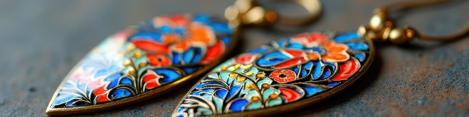 Fototapeta premium Colorful enamel earrings with intricate floral design on metal