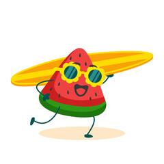 watermelon slice mascot running while carrying a surfboard illustration