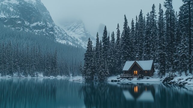 A tranquil winter cabin nestled by a serene lake and snow-capped mountains.