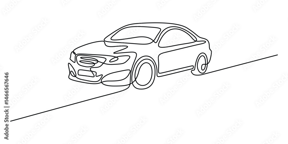 Poster single continuous line drawing of modern car, abstract small car in continuous line art drawing styl
