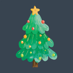 watercolor Christmas Tree Illustration with Ornaments and a Star in isolated background