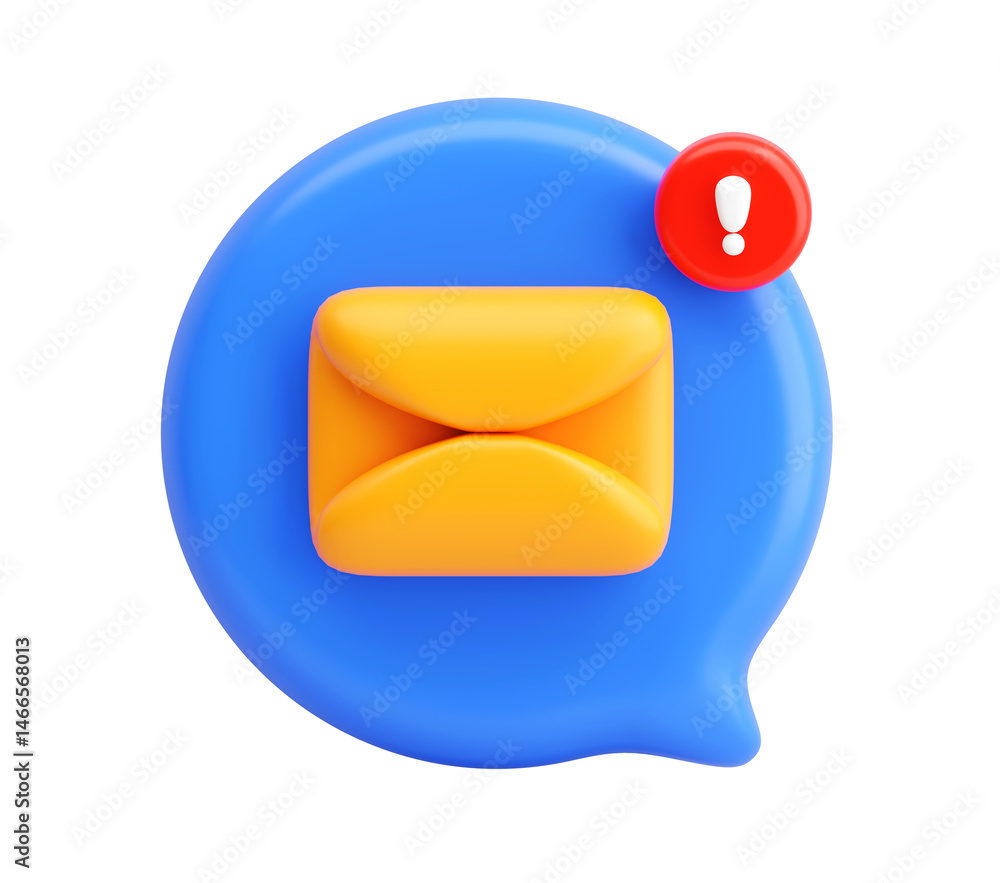 Poster 3d email alert icon with orange envelope and exclamation mark in blue chat bubble representing urgen