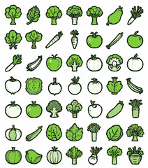 Green Vegetables and Fruits Icon Set - Hand-Drawn Style