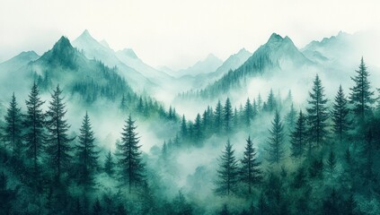 Obraz premium Verdant forest, misty mountains, serene landscape