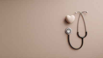 Minimalist health concept showing a stethoscope and heart-shaped object on soft neutral backgrounds, symbolizing care, wellness, and medical support.

