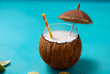 drink in coconut with steam and straw on beach background.generative ai