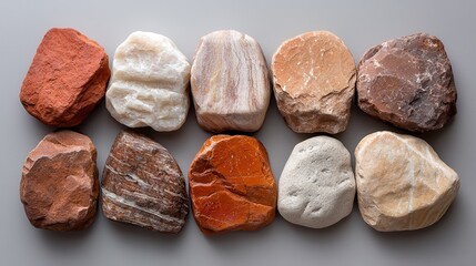 Rocky plateau texture assortment of smooth polished stones exhibiting southwestern geological formations with varied colors from vibrant orange to deep marbled red against minimalist gray backdrop