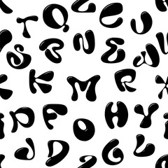 Abstract black Y2K alphabet pattern. Black liquid ABC isolated on white background. Brutal typography design. 3D vector illustration in bubble brutalism style. Groovy modern alphabet. Funky letters