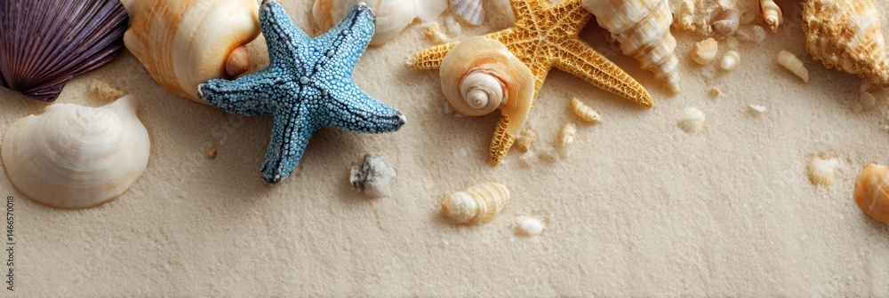 Poster seashells and starfish scattered on light sandy beach during a bright sunny day generative ai