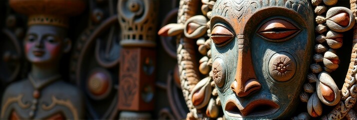 Fototapeta premium Intricate wooden african masks with detailed carvings in vibrant sunlight