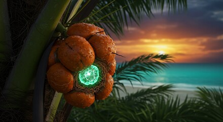 Surreal tropical fruit cluster with glowing core and sunset background