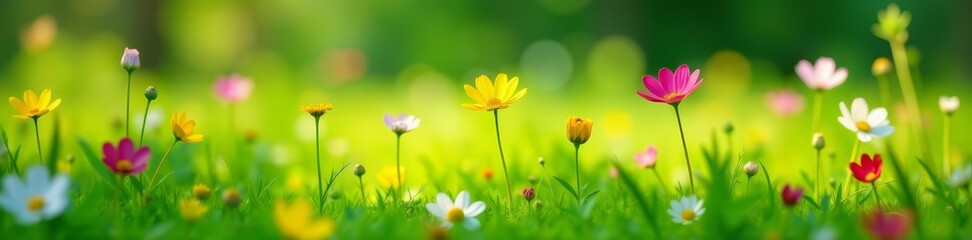 Close-up of lush green grass and colorful wildflowers in a meadow, green, close-up, plant