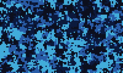 Abstract digital camouflage pattern in shades of blue.  Perfect for backgrounds, textiles, or tech designs.  The pixelated texture evokes a sense of mystery and technology.