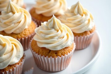 Close-up of mouthwatering cupcakes with swirls of cream on white table, bakery, tasty, snack