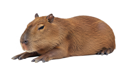 Content capybara lying down in a completely relaxed pose, its eyes gently half-closed and legs comfortably extended. Isolated on a pristine white background.