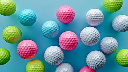 Fototapeta premium Colorful golf balls floating on pastel blue background