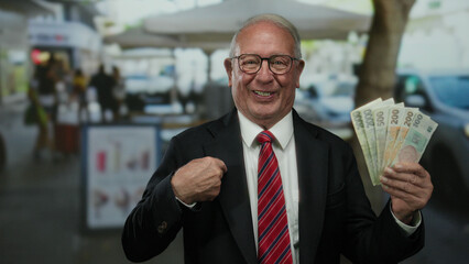 Senior man holding czech koruna banknotes on a lively terrace in a bustling outdoor street...