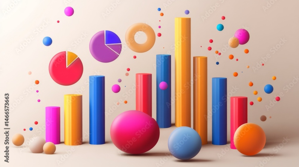 Leinwandbilder d bars and pie chart graphics in vivid colors, floating in space against a neutral backdrop for a vi