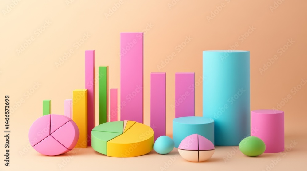 Leinwandbilder d bars and pie chart graphics in vivid colors, floating in space against a neutral backdrop for a vi