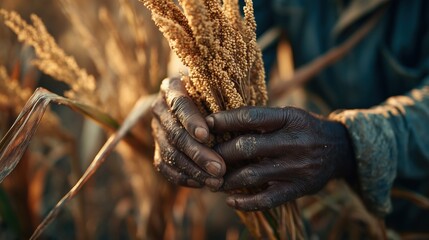 Sorghum Month. Farmer harvesting sorghum by hand in traditional methods, weathered hands holding sorghum stalks