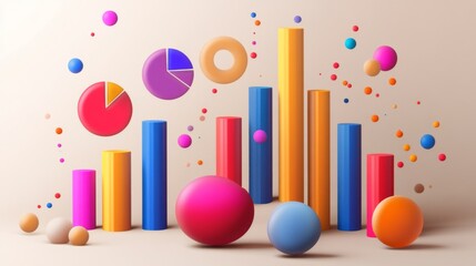 Fototapeta premium D bars and pie chart graphics in vivid colors, floating in space against a neutral backdrop for a visually impactful design