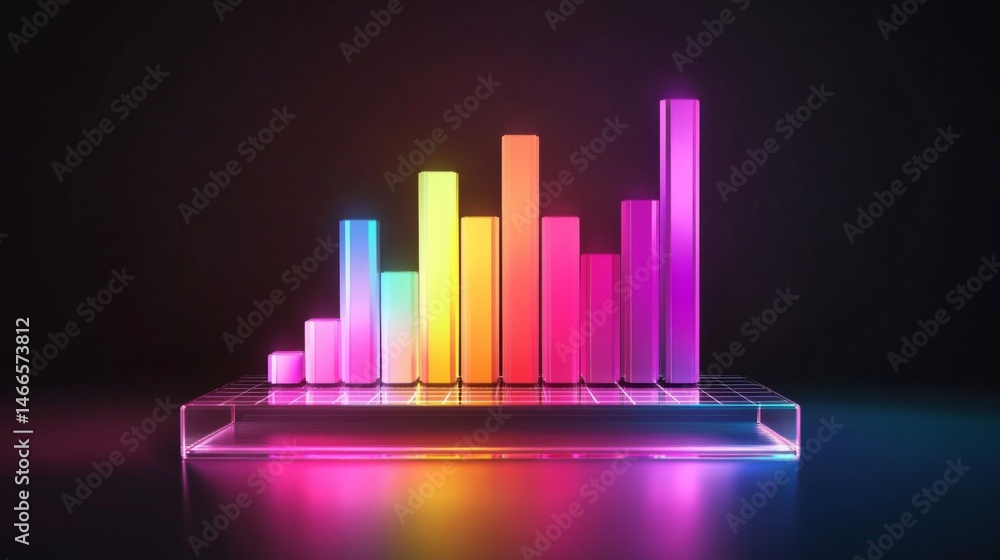 Poster d bar graph with vibrant colors, arranged in ascending order on a transparent glass base, with soft 