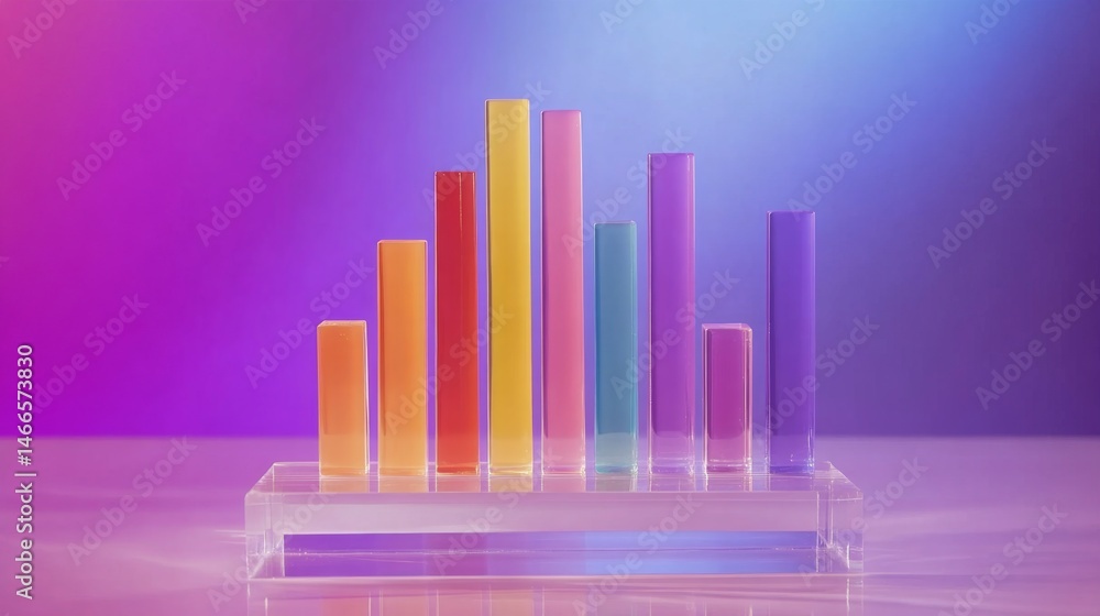 Poster d bar graph with vibrant colors, arranged in ascending order on a transparent glass base, with soft 