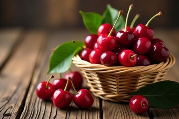 Close-up of ripe cherries in a wicker basket on rustic wooden table, wooden table, harvest