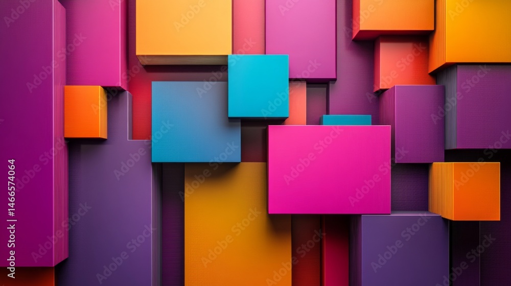Poster Abstract geometric shapes in vibrant colors, overlapping and forming a modern, dynamic design with shadows and depth on a minimalist background