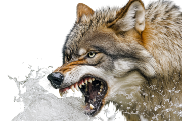 Fierce wolf emerging from water, showcasing sharp teeth and wild expression.