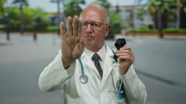Senior doctor in uniform stands outdoors holding black ribbon with focus on advice.