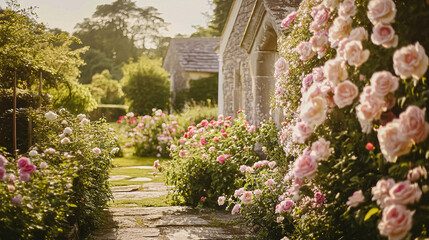 Romantic English gardens in full bloom with roses, peonies, arches, and fountains. A storybook escape of floral abundance, pastel petals, and classical beauty in a noble countryside setting