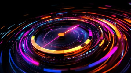 Abstract speedometer dial with bright neon colors and a blurred needle, symbolizing acceleration and high speed