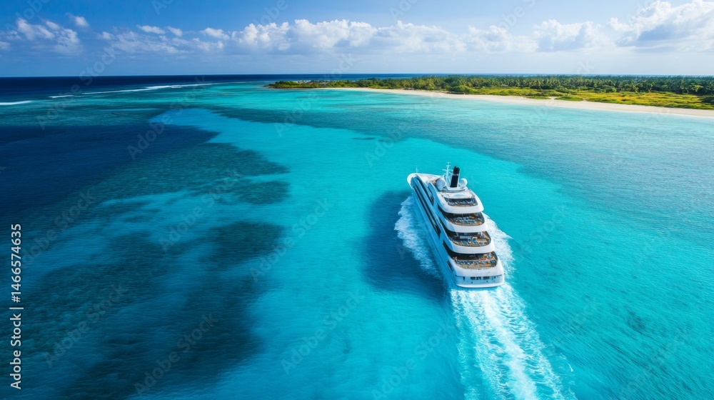 Poster an aerial shot of a large cruise ship navigating through crystal-clear turquoise waters, showcasing 
