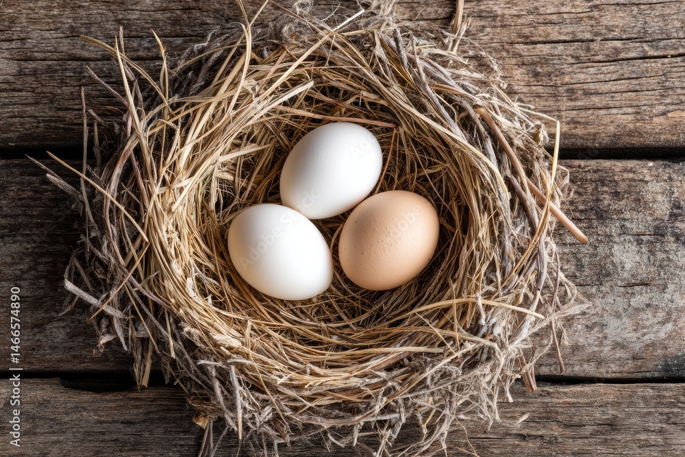 Poster Realistic Straw Nest Containing Three White and Brown Eggs Resting on Rustic Wood Surface in Natural Setting Generative AI
