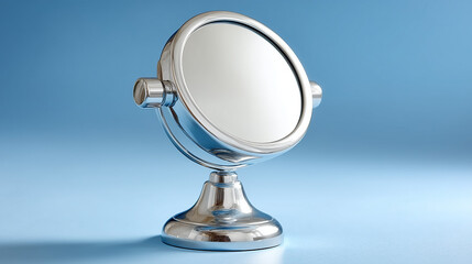 Elegant Metallic Mirror on Clean White Surface with Soft Blue Background