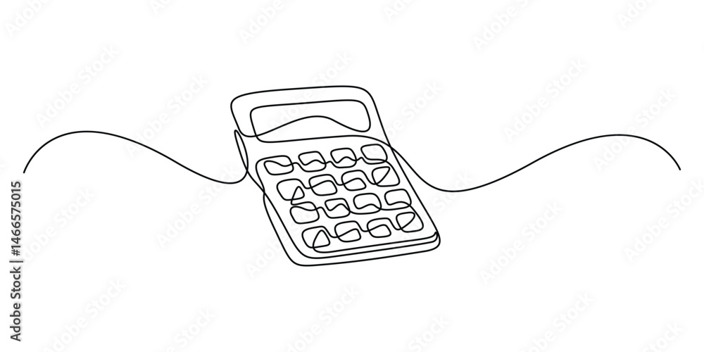 Poster continuous one line drawing of calculator accounting tool. calculator in single line draw with activ