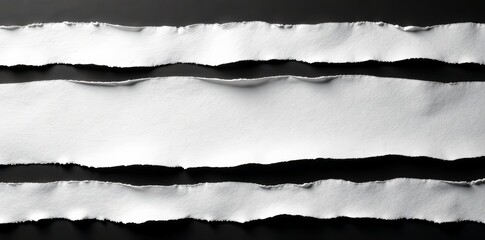 Fototapeta premium Close-up of torn white paper strips on black background, edges, paper, strips