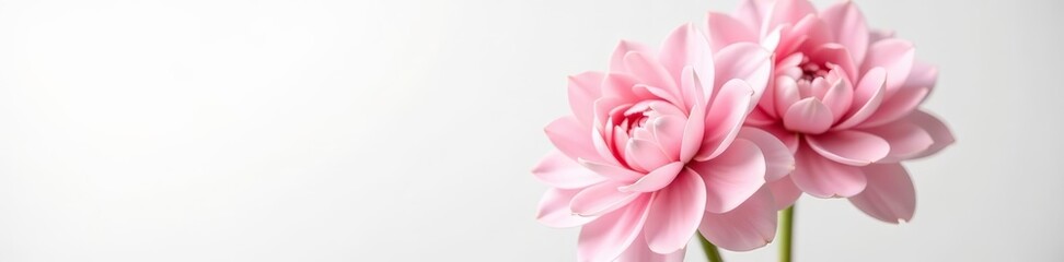 Obraz premium Close-up of two delicate organza dahlia buds in soft pink hues on white background, pink, dahlia, powdery