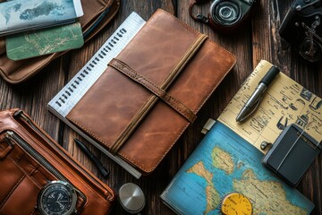 Aerial view of a stylish workspace featuring leather notebooks, maps, and vintage accessories