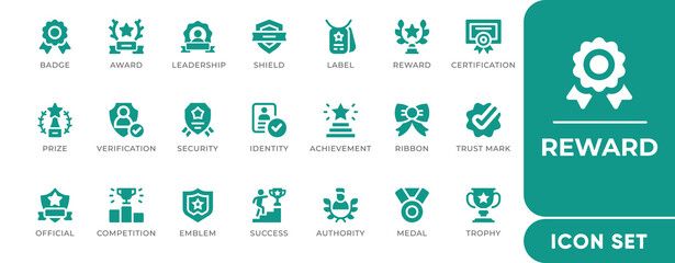 Reward icon set with editable vector icons of trophies, badges, coins, gifts, stars, points, medals, and achievements. Perfect for loyalty, games, and gamification apps.