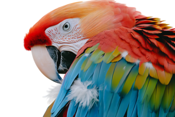 Colorful macaw parrot showcasing vibrant feathers and striking facial features.