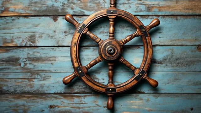 A detailed shot of a ship's helm on a light wooden background, providing room for text.