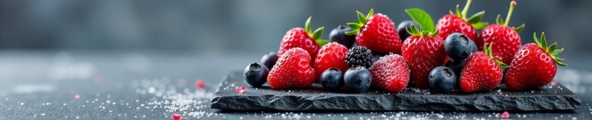 Obraz premium Slate plate with an assortment of frozen berries on a grey background, slate, background, organic
