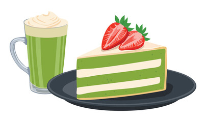 slice of cake with strawberry and drink - vector illustration