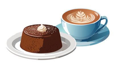 Chocolate Lava Cake and Cappuccino Coffee Latte - Vector Illustration