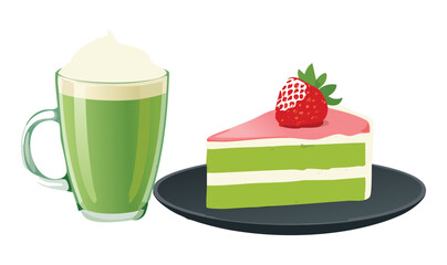 Matcha Strawberry Shortcake Slice on plate  with matcha drink- vector illustration